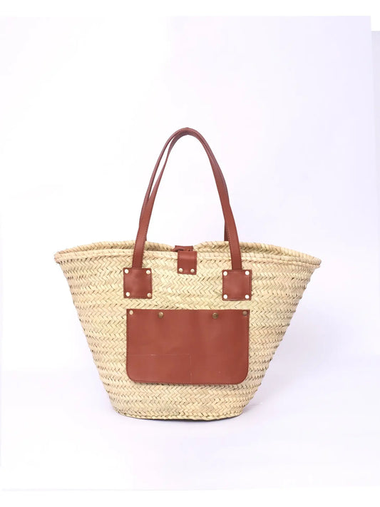 Straw Beach Bag With Leather Exterior Pocket