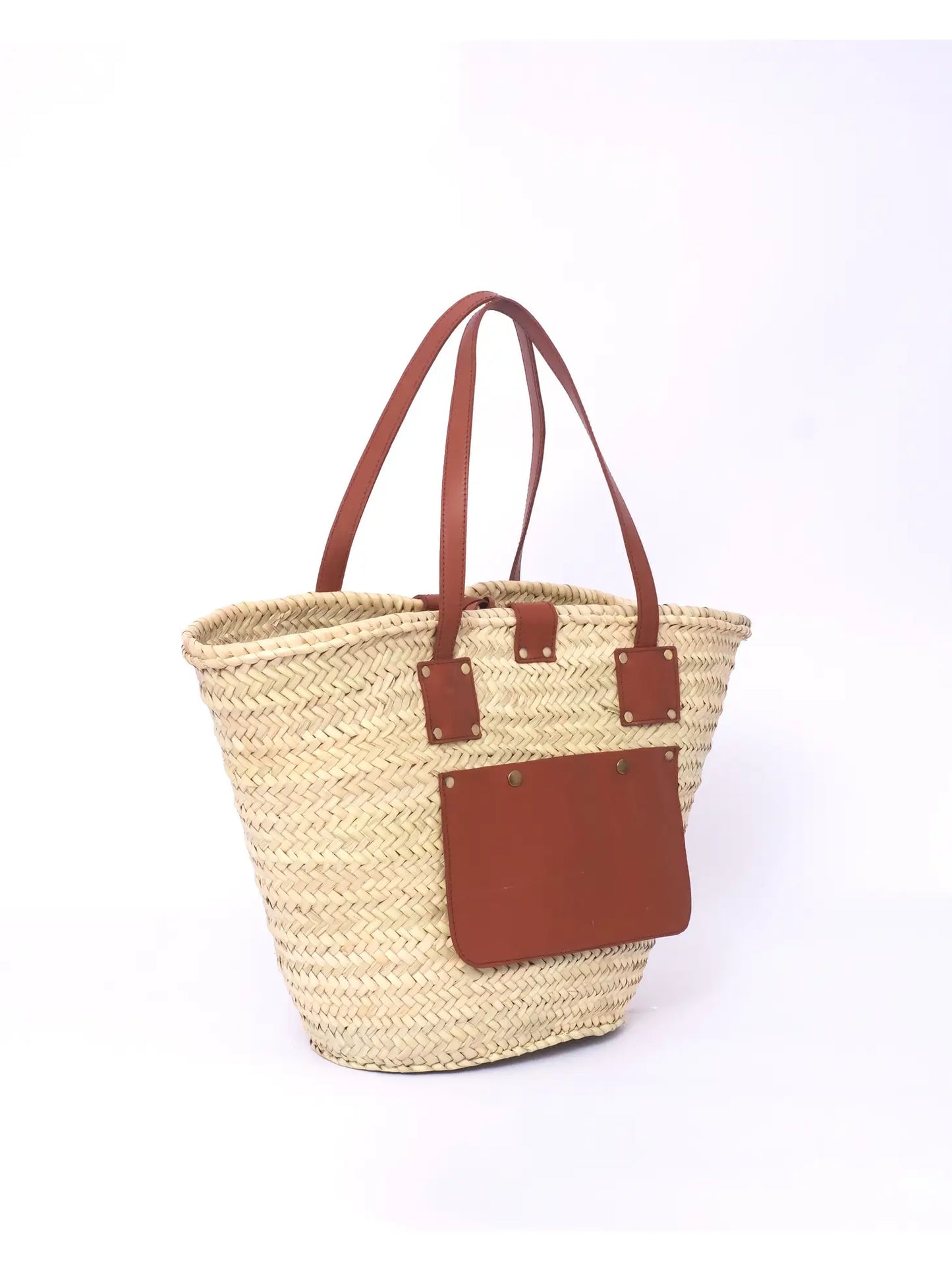Straw Beach Bag With Leather Exterior Pocket
